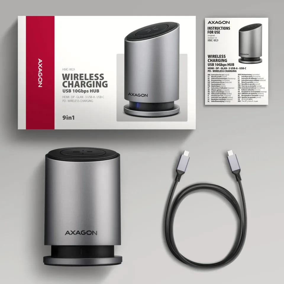 AXAGON HMC-WL9, USB 10Gbps hub s Qi, 3x USB-A, USB-C, HDMI & DP 4k/60Hz, RJ-45 G