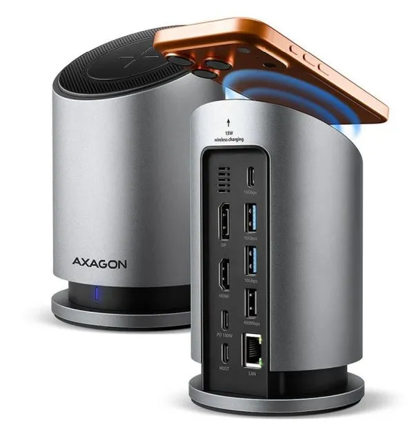 AXAGON HMC-WL9, USB 10Gbps hub s Qi, 3x USB-A, USB-C, HDMI & DP 4k/60Hz, RJ-45 G
