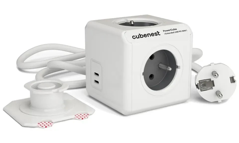 Cubenest Powercube Extended USB PD 35W, 2xUSB-C, 4× zásuvka, 1,5m, bílá/šedá, dětská pojistka, uzemnění, montážní dok