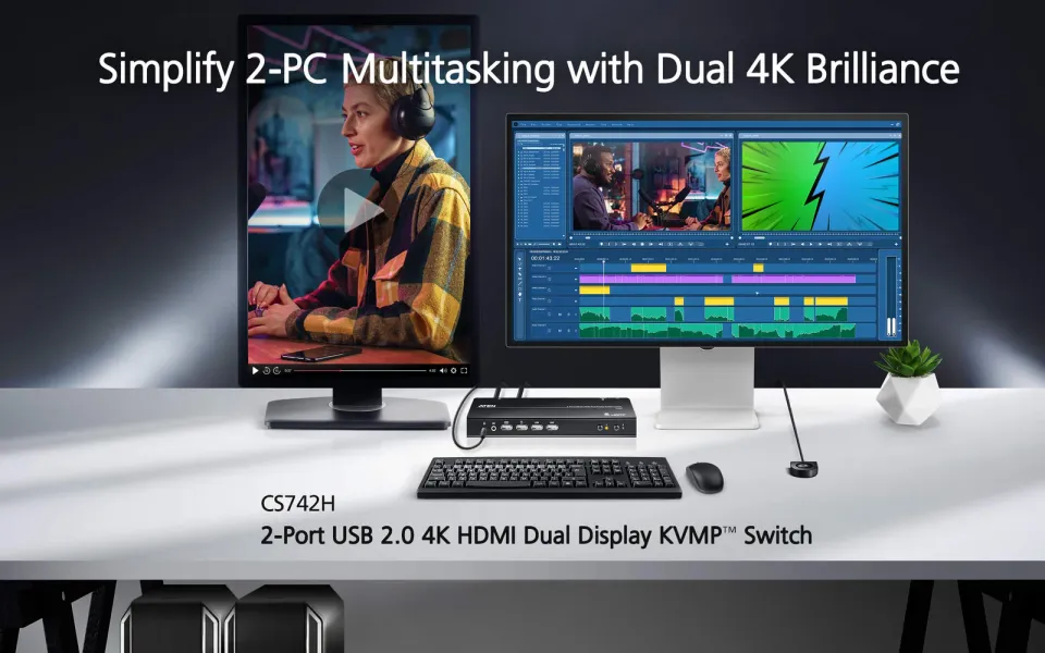 ATEN CS742H 2portový USB 4K HDMI KVMP přepínač s duálním displejem (kabely v cen