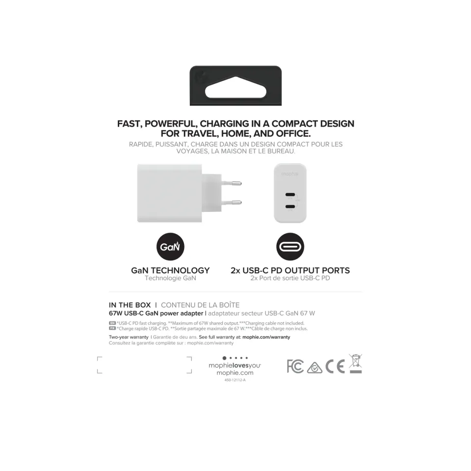 Mophie síťový adaptér GaN, USB-C/PD - 67W - bílá