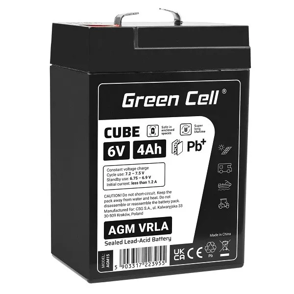Green Cell Cube AGM VRLA IP54 6V 4Ah maintenance-free battery for toy cash regis
