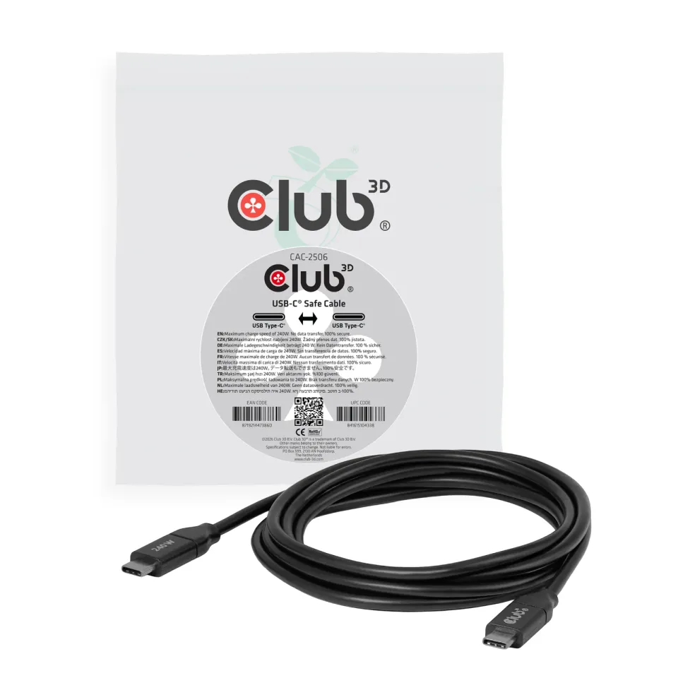 Club3D Kabel USB-C, 240W, 2m, černá, Data Blocker pro bezpečné nabíjení