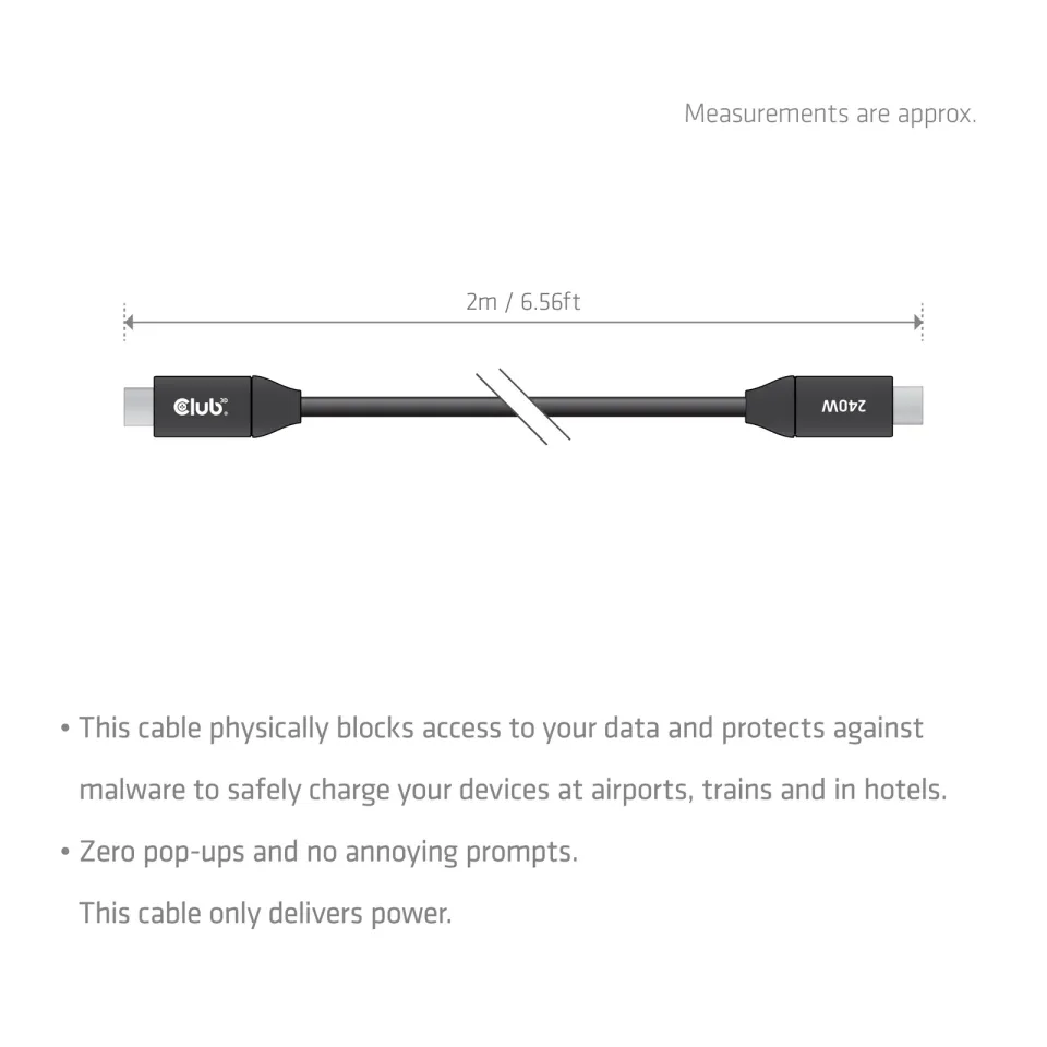 Club3D Kabel USB-C, 240W, 2m, černá, Data Blocker pro bezpečné nabíjení