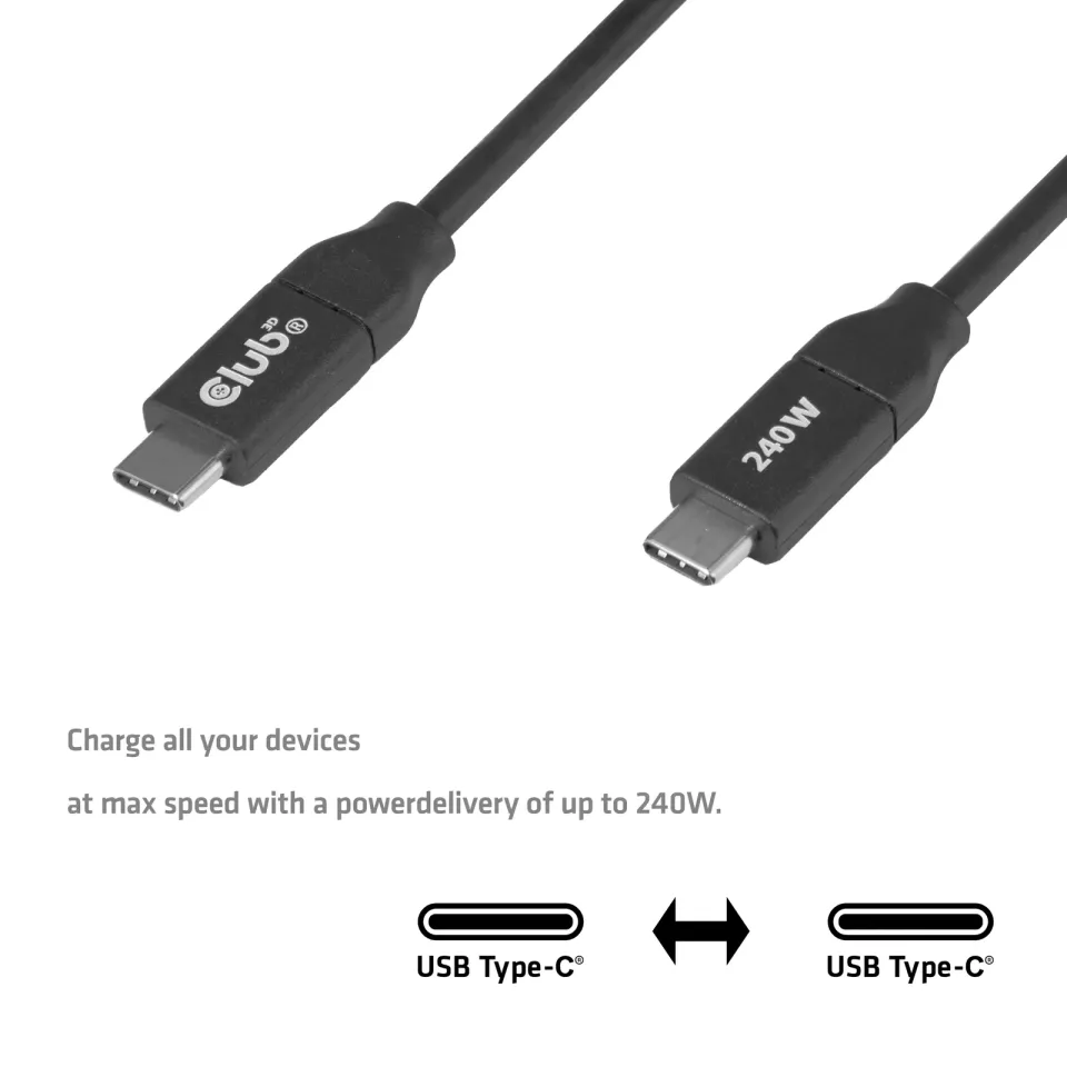 Club3D Kabel USB-C, 240W, 2m, černá, Data Blocker pro bezpečné nabíjení