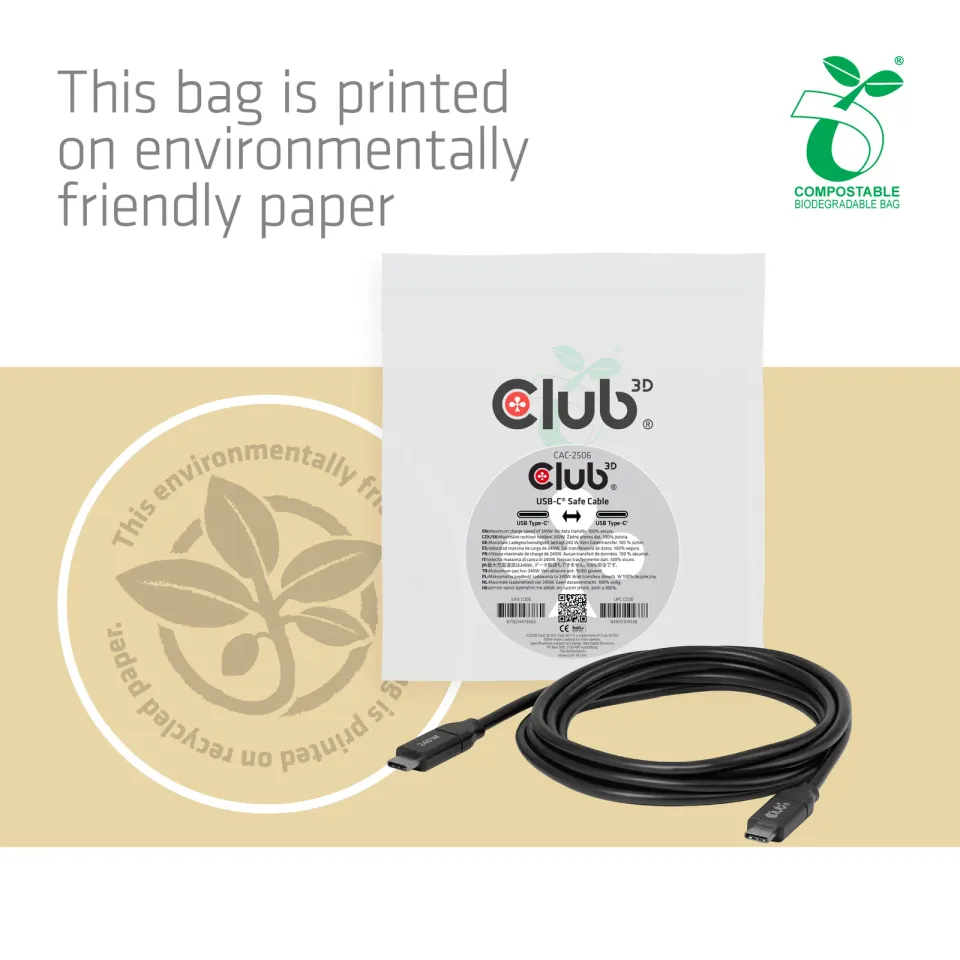 Club3D Kabel USB-C, 240W, 2m, černá, Data Blocker pro bezpečné nabíjení