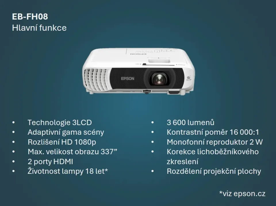 EPSON 3LCD/3chip projektor EB-FH08 1920x1080 FHD/3600 ANSI/16000:1/2xHDMI/USB/2W