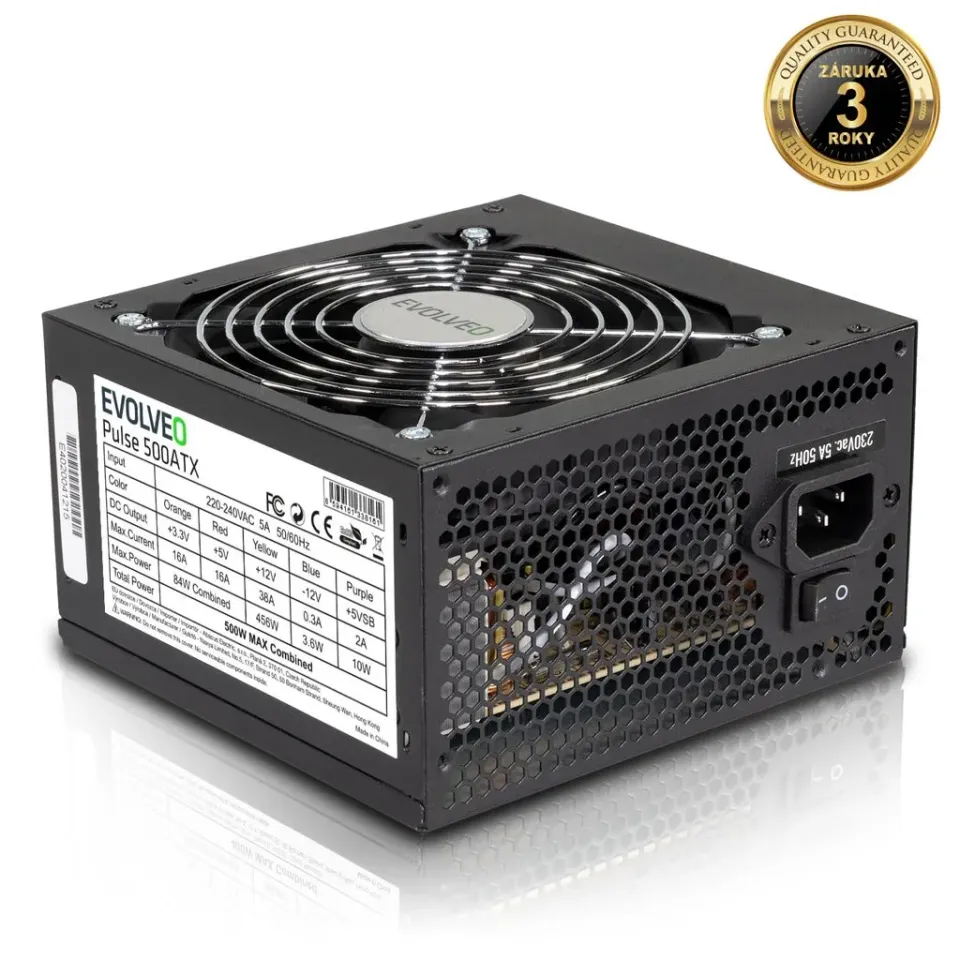 EVOLVEO Pulse 500ATX, zdroj 500W, ATX 2.2, 2× PCIe, aPFC, tichý 120mm ventilátor