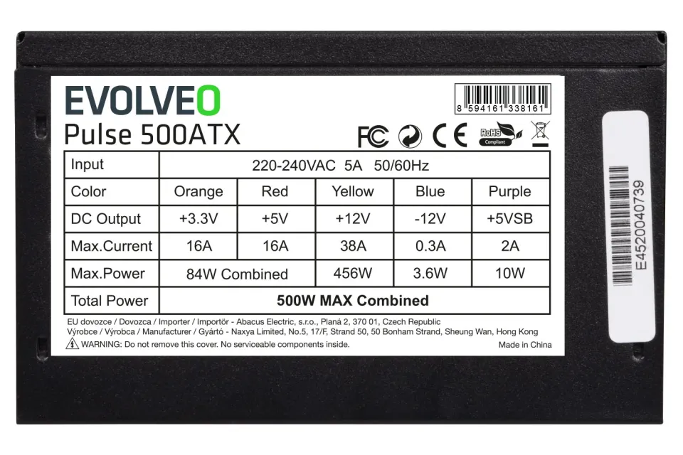 EVOLVEO Pulse 500ATX, zdroj 500W, ATX 2.2, 2× PCIe, aPFC, tichý 120mm ventilátor