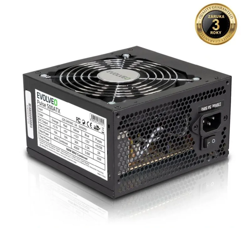 EVOLVEO Pulse 500ATX, zdroj 500W, ATX 2.2, 2× PCIe, aPFC, tichý 120mm ventilátor