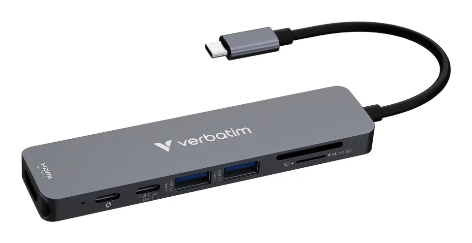 VERBATIM Dokovací stanice USB-C, 7v1, HDMI, USB-C PD, USB-C, 2xUSB 3.0, SD a microSD, šedá