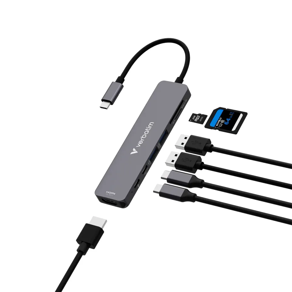 VERBATIM Dokovací stanice USB-C, 7v1, HDMI, USB-C PD, USB-C, 2xUSB 3.0, SD a microSD, šedá
