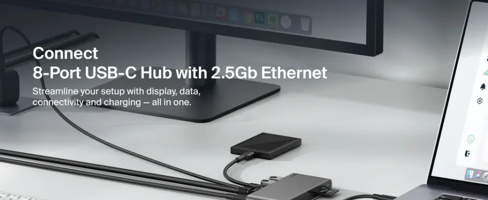 Belkin CONNECT Connect 8v1 USB-C hub s dvojitým USB-C portem – stříbrný