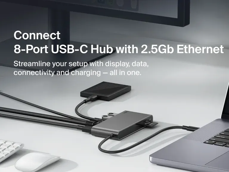 Belkin CONNECT Connect 8v1 USB-C hub s dvojitým USB-C portem – stříbrný
