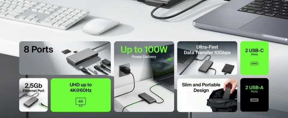 Belkin CONNECT Connect 8v1 USB-C hub s dvojitým USB-C portem – stříbrný