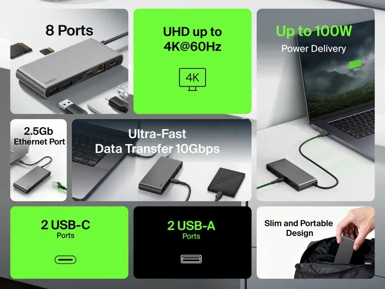 Belkin CONNECT Connect 8v1 USB-C hub s dvojitým USB-C portem – stříbrný