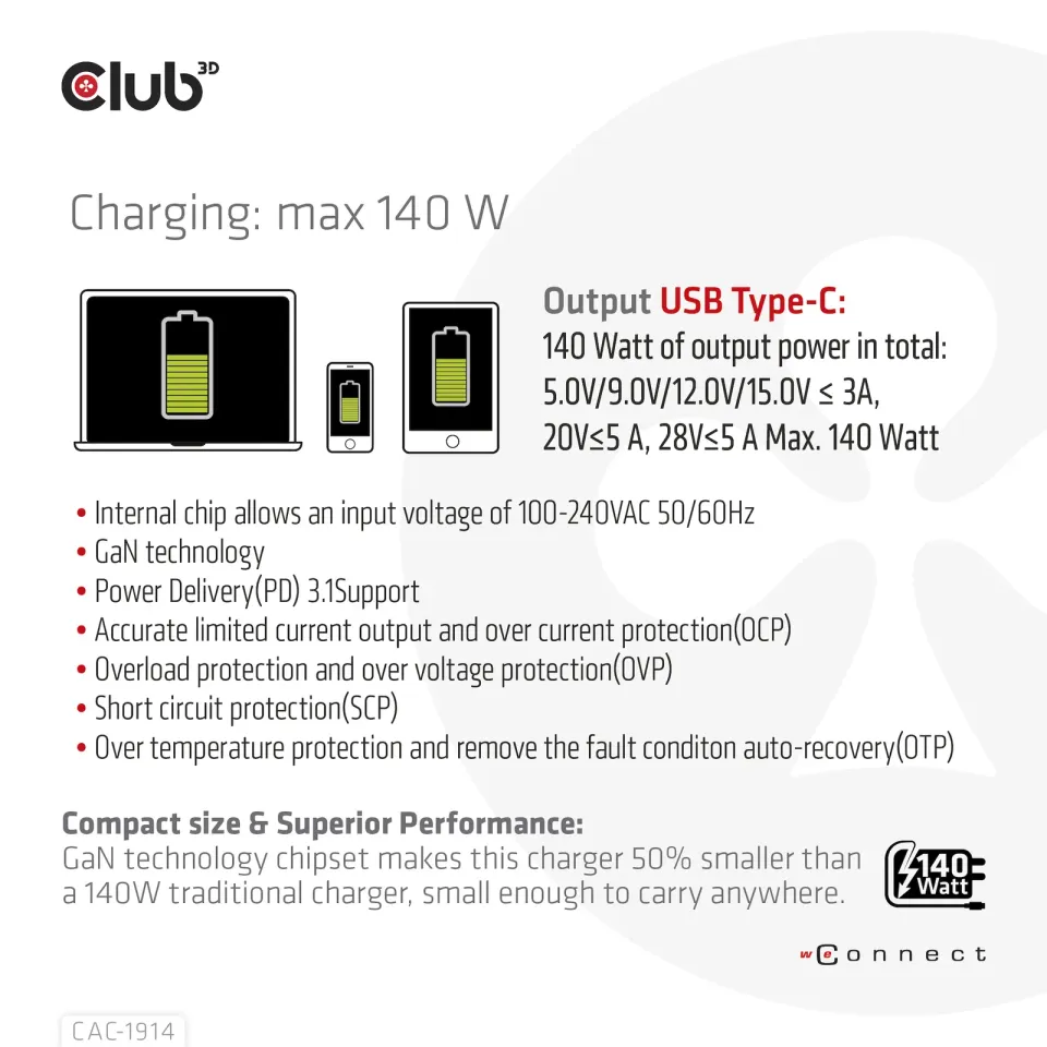 Club3D cestovní nabíječka USB-C 140W GaN Technologie, 1xUSB-C, podpora PD 3.1