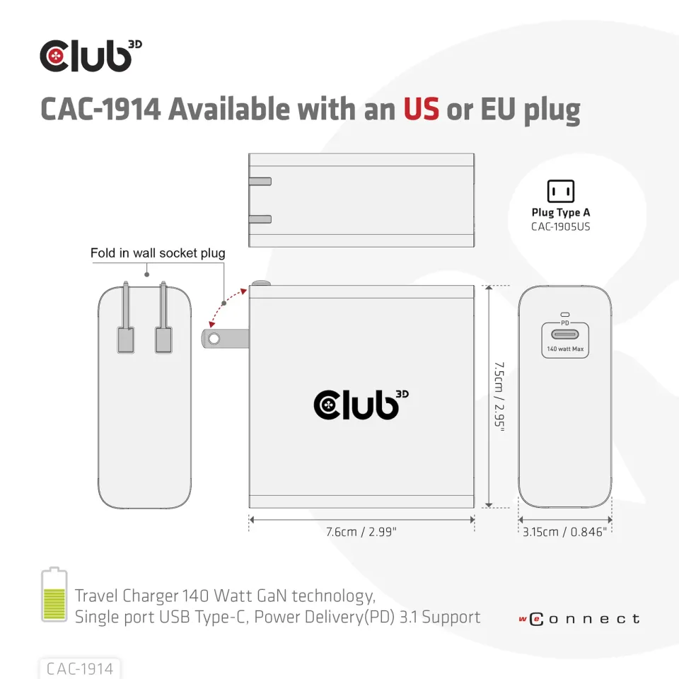 Club3D cestovní nabíječka USB-C 140W GaN Technologie, 1xUSB-C, podpora PD 3.1
