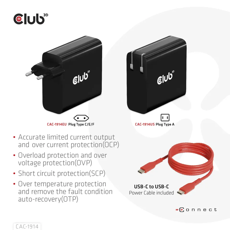 Club3D cestovní nabíječka USB-C 140W GaN Technologie, 1xUSB-C, podpora PD 3.1