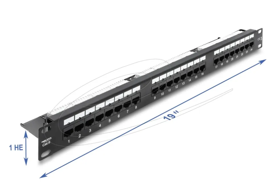 Delock Spojovací panel rozměru 19”, 1U, 24 portový, kat. 6 s LED a odlehčovací l