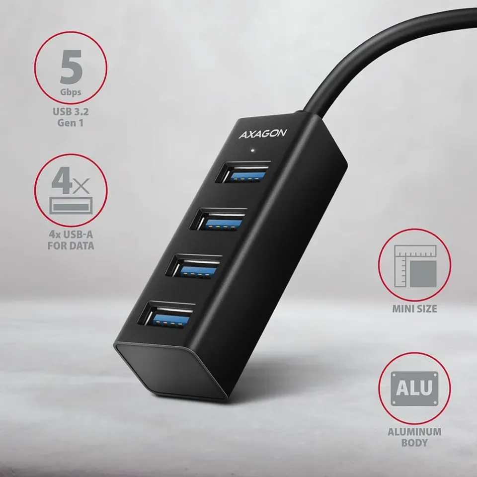 AXAGON HUE-M1AL, 4x USB 3.2 Gen 1 MINI hub, kovový, kabel USB-A 1.2m