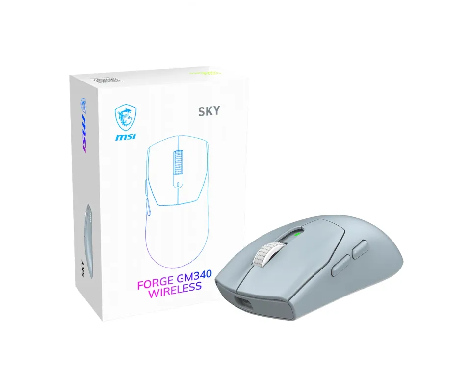 MSI herní myš FORGE GM340 Wireless Sky/ bezdrátová/ 12.000 dpi/ 2,4GHz/ BT5.2/ USB/ 6 tlačítek/ světle modrá