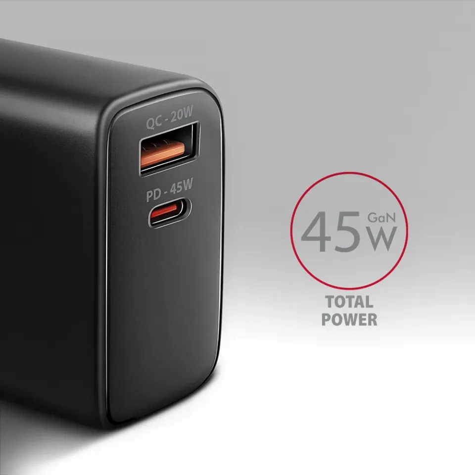 AXAGON ACU-PQ45 GaN nabíječka do sítě 45W, 2x port (USB-A + USB-C), PD3.0/PPS/QC