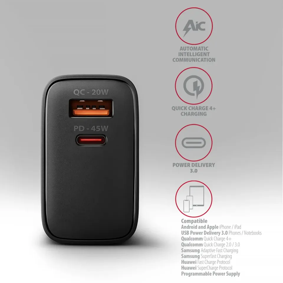 AXAGON ACU-PQ45 GaN nabíječka do sítě 45W, 2x port (USB-A + USB-C), PD3.0/PPS/QC