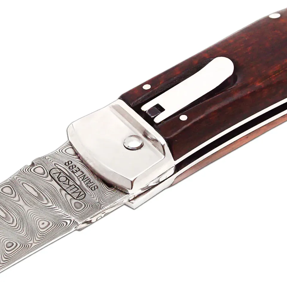 Vyhazovací zavírací nůž PREDATOR JAGUAR – damašek, střenka dřevo 241-DD1 materiál držadla - střenky exotické dřevo - snake wood