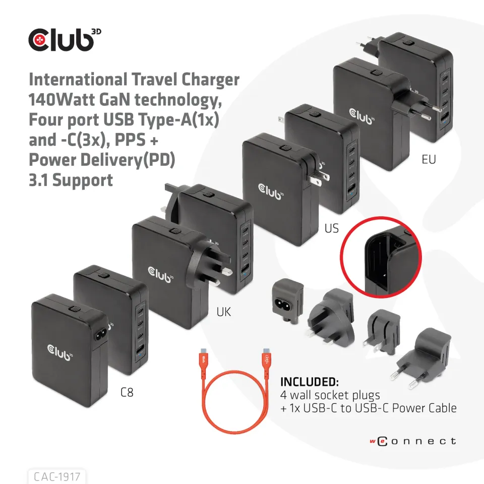 Club3D cestovní nabíječka 140W GaN technologie, 3xUSB-C, 1xUSB-A, PPS + PD 3.1 Support