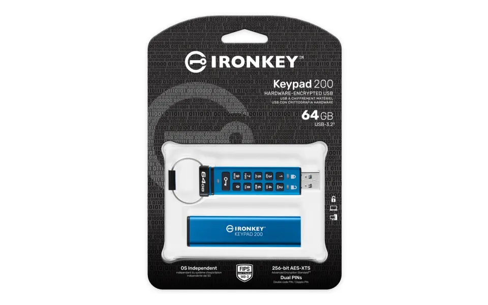 KINGSTON 64GB IronKey Keypad 200, FIPS 140-3 Lvl 3 (Pending) AES-256 Encrypted