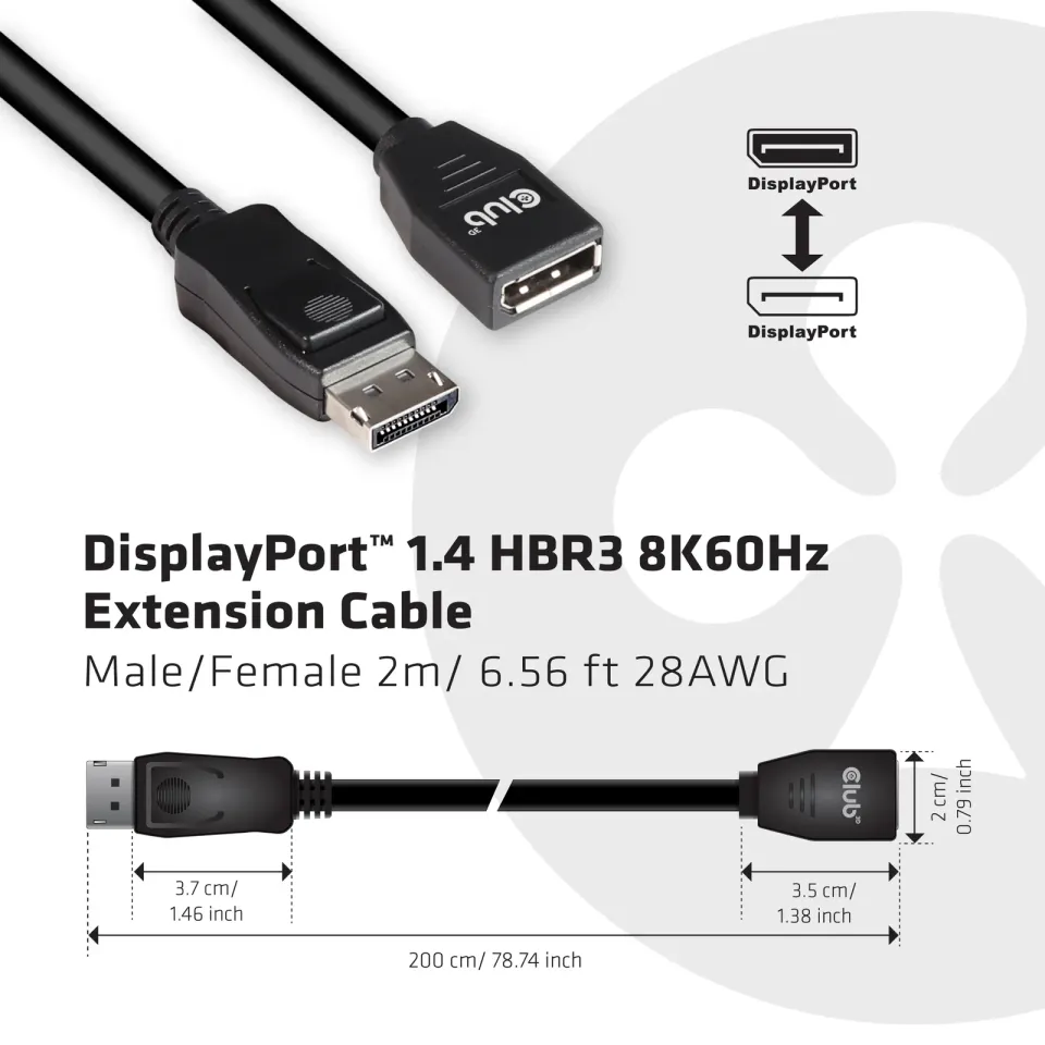 Club3D Kabel prodlužovací DisplayPort 1.4 HBR3 8K60Hz (M/F), 2m, 28 AWG