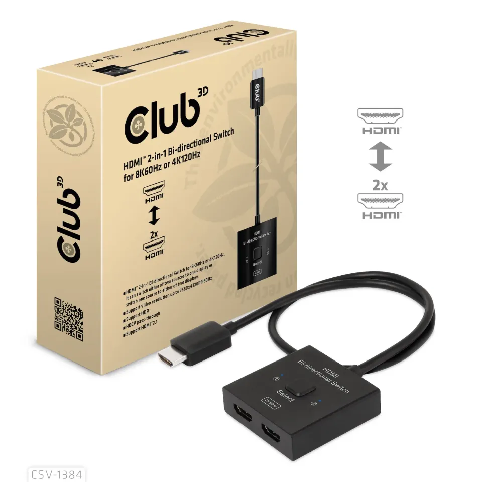 Club3D Switch, HDMI na 2xHDMI Oboustranný 2v1, 8K60Hz, 4K120Hz