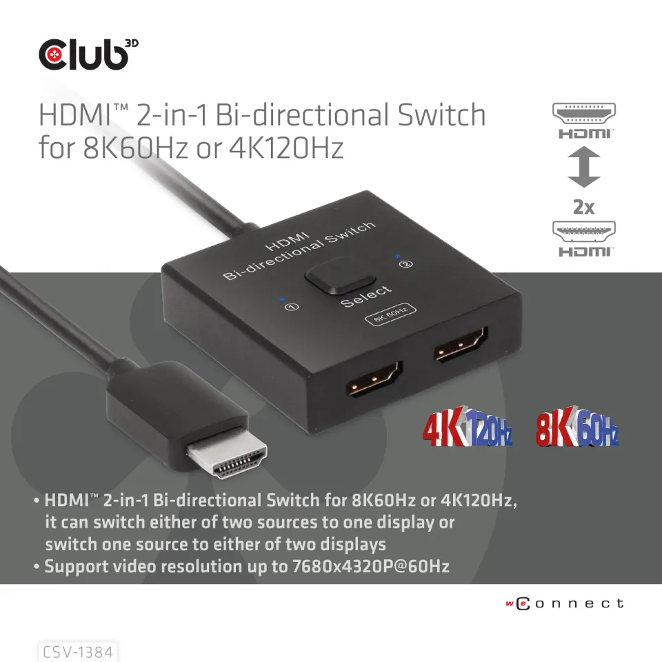 Club3D Switch, HDMI na 2xHDMI Oboustranný 2v1, 8K60Hz, 4K120Hz