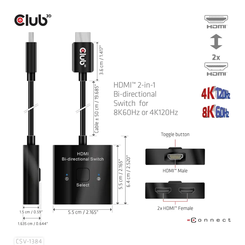 Club3D Switch, HDMI na 2xHDMI Oboustranný 2v1, 8K60Hz, 4K120Hz