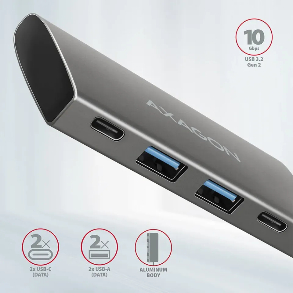 AXAGON HMC-4G2, USB-C 3.2 Gen 2 10 Gb/s hub, porty 2x USB-A + 2x USB-C, kabel US