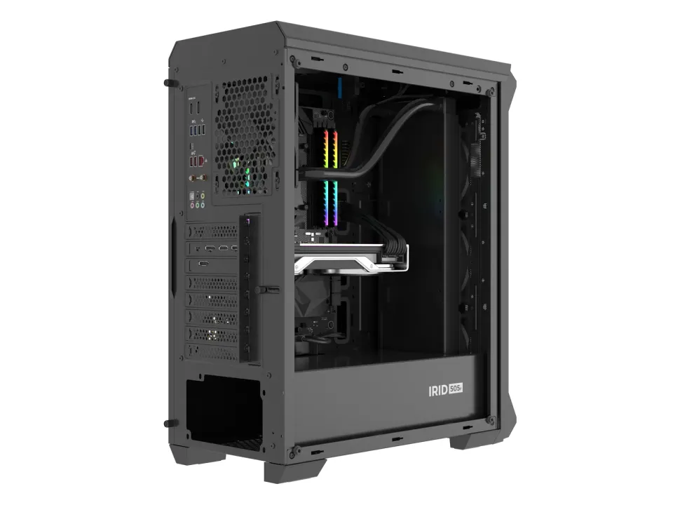Počítačová skříň Genesis IRID 505F/Midi Tower/Transpar./Černá