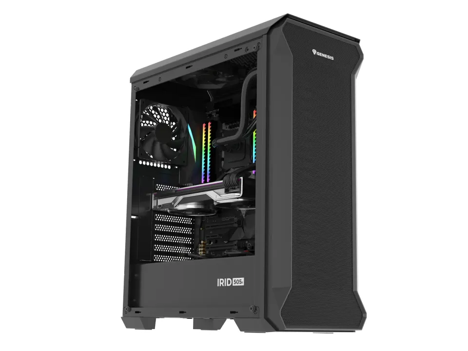 Počítačová skříň Genesis IRID 505F/Midi Tower/Transpar./Černá