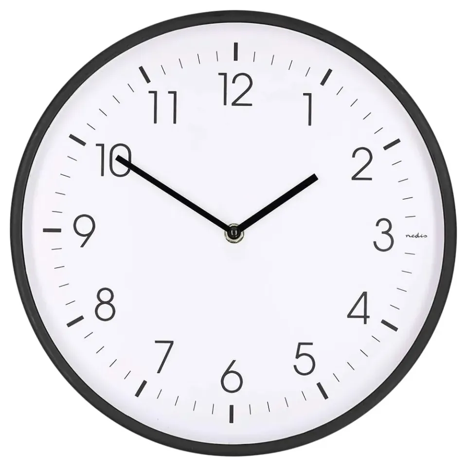 Nedis CLWA1226BK - Nástěnné hodiny | Průměr: 300 mm | Plast | Tichý pohyb | Čern