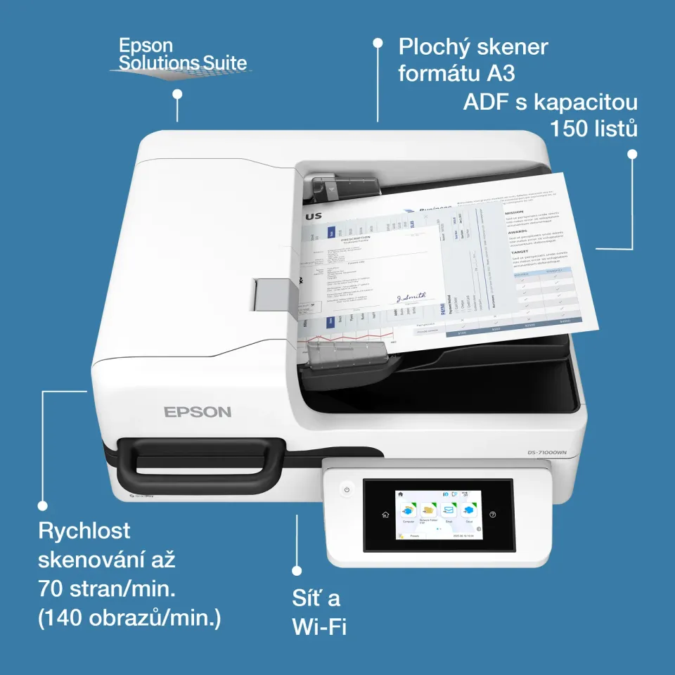 EPSON skener WorkForce DS-71000WN, A3, 600x600 dpi, USB, LAN, WiFi, Záruka 3 let po registraci