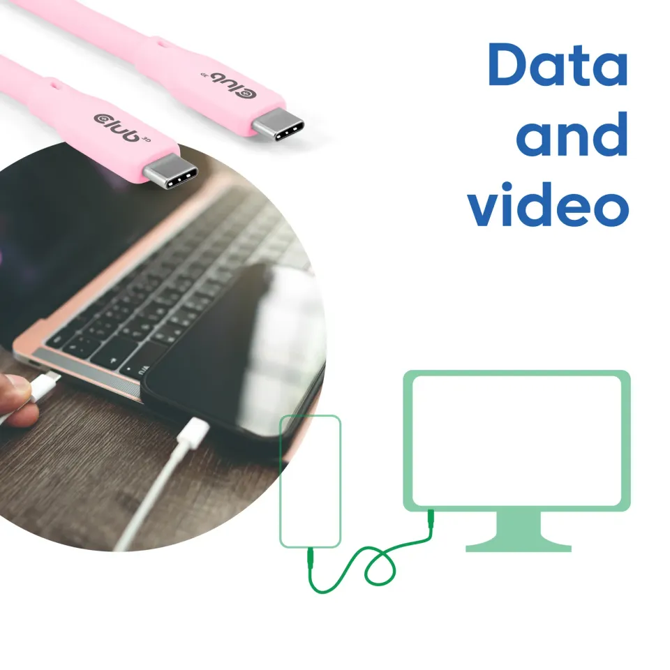 Club3D Kabel USB-C 4.0, 20Gbps, 4K60Hz, PD 240W, 2m, růžová