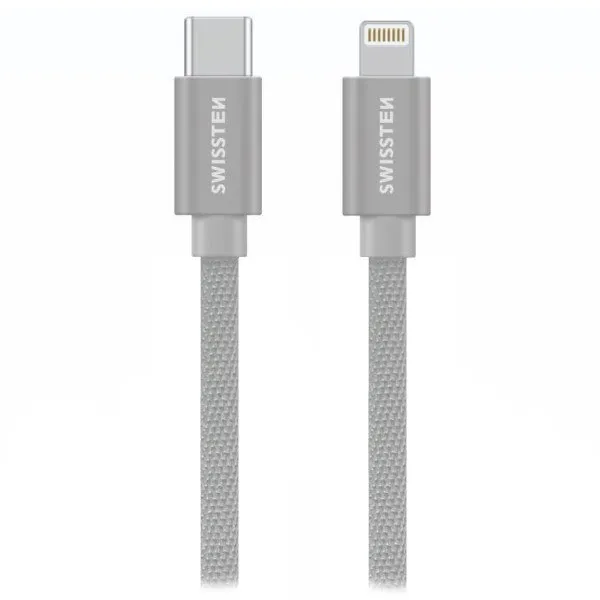 Swissten datový kabeltextile usb-c / lightning 2,0 m stříbrný