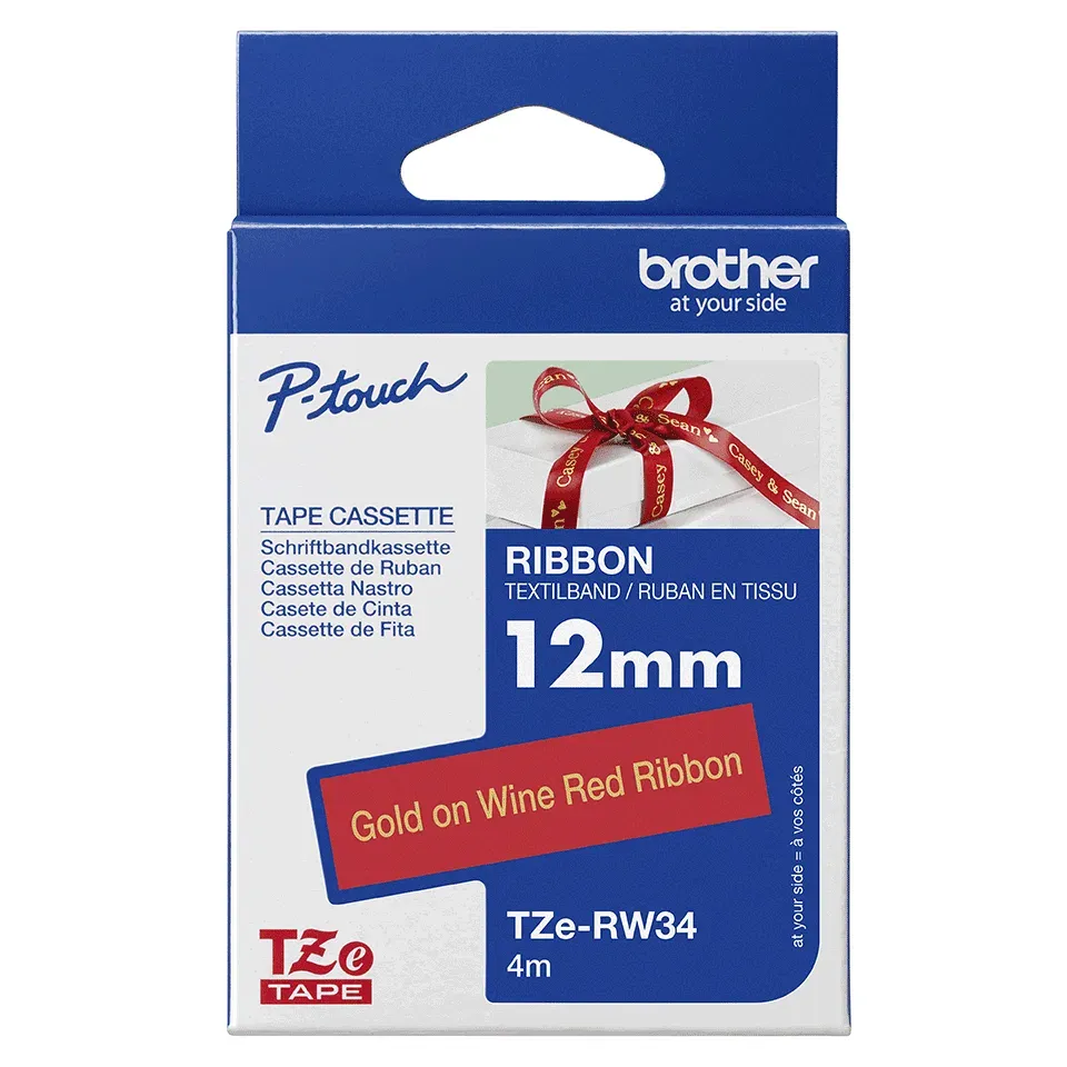 Brother - TZe-RW34 vínově červená / zlatá (12mm, 4m, pruhovaná)