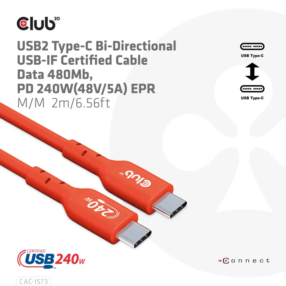 Club3D kabel USB-C, Oboustranný USB-IF Certifikovaný data kabel, Data 480Mb,PD 240W(48V/5A) EPR M/M 2m