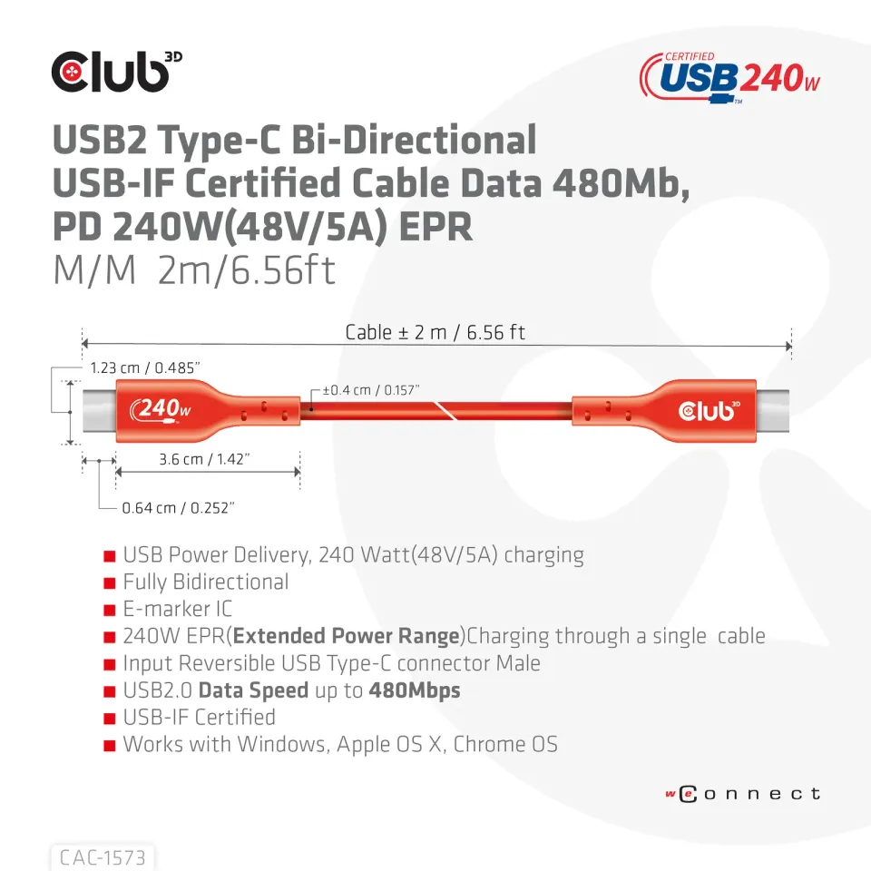 Club3D kabel USB-C, Oboustranný USB-IF Certifikovaný data kabel, Data 480Mb,PD 240W(48V/5A) EPR M/M 2m