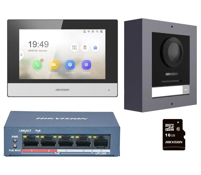 Hikvision DS-KIS602(B) - Kit IP videotelefonu, bytový monitor + dveřní stanice + switch + microSD