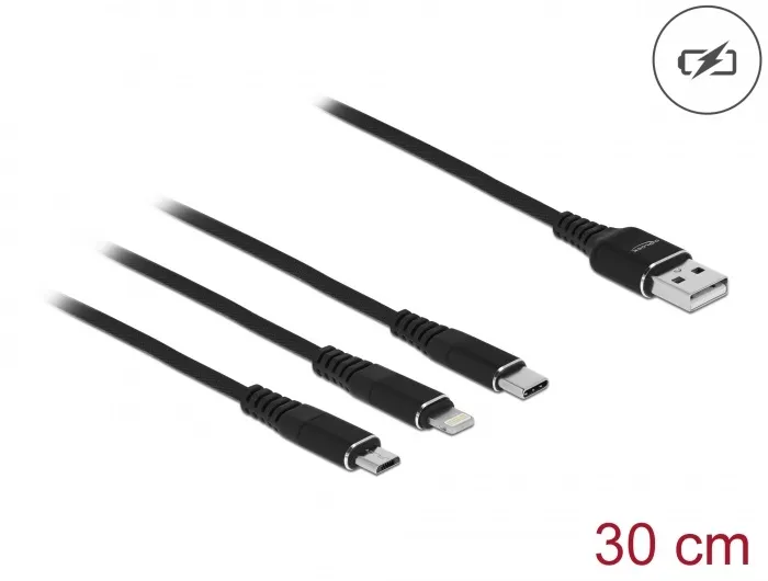 Delock Nabíjecí kabel USB 3 v 1 pro Lightning / Micro USB / USB Type-C, 30 cm če