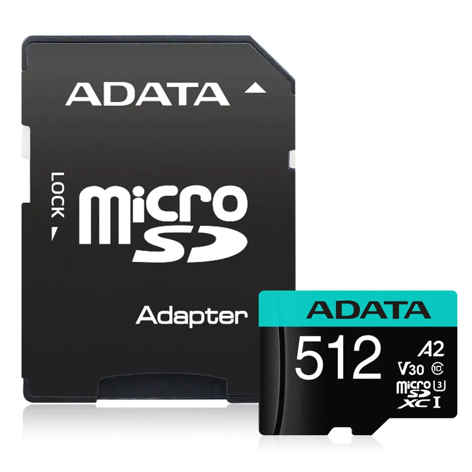 ADATA MicroSDXC karta 512GB Premier Pro UHS-I V30S (R:100/W:80 MB/s) + SD adaptér