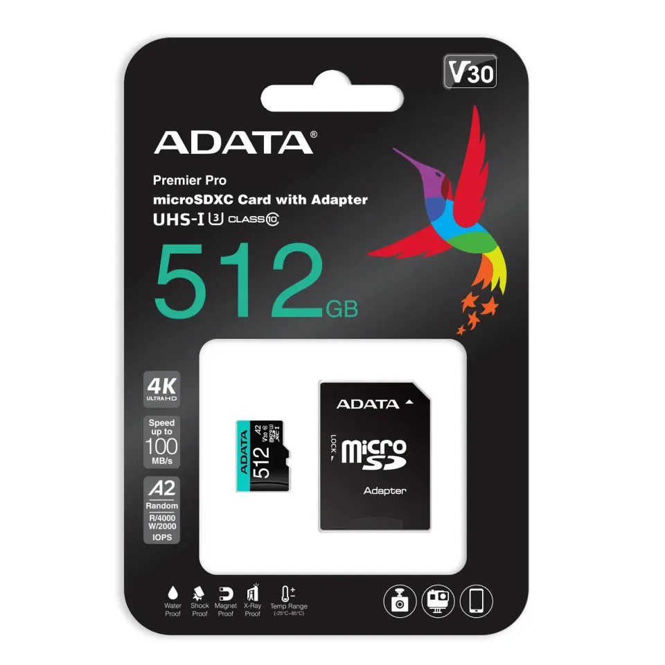ADATA MicroSDXC karta 512GB Premier Pro UHS-I V30S (R:100/W:80 MB/s) + SD adaptér