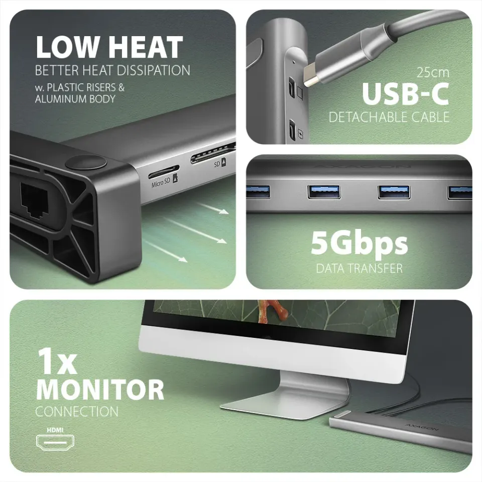 AXAGON HMC-10HLS, USB 5Gbps hub, 4x USB-A, USB-C, HDMI 4k/60Hz, PD 100W, kabel U